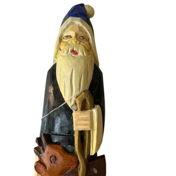 Hand-Carved Wooden Santa Figurine With Deer - Picture 2 of 5